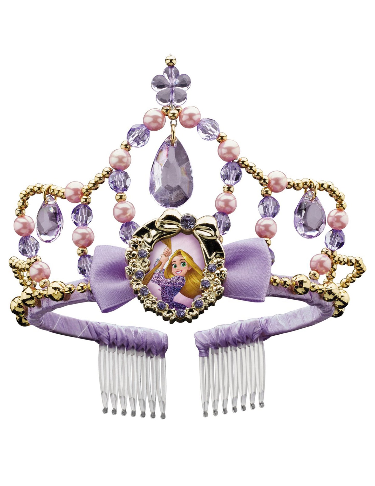 Tiare Raiponce pour fille violette et dorée avec perles roses