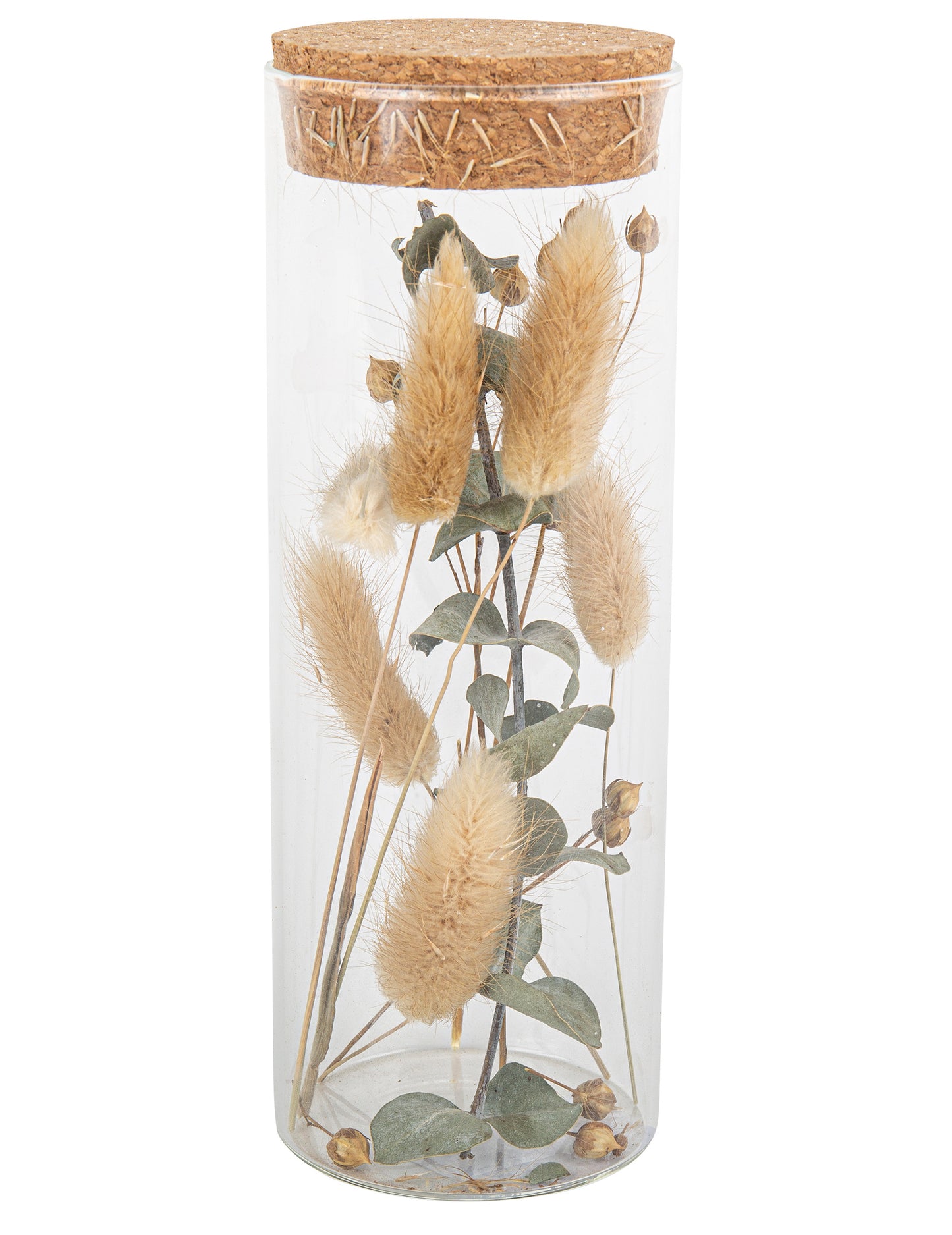 Skleněná trubice s prachovkami a eukalyptem 18.5 cm a korkovou zátkou