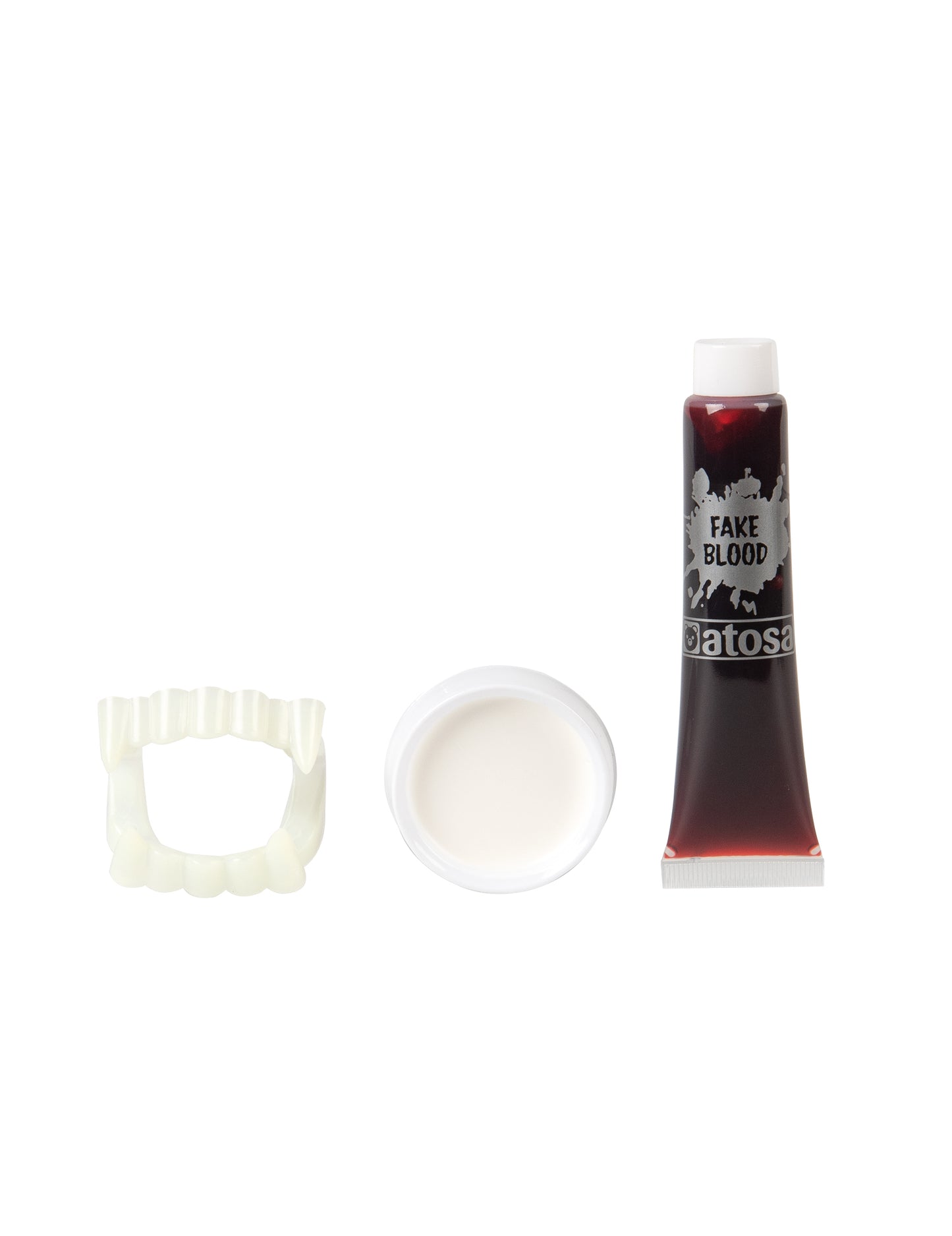 Pohled na doplňky trubky s krví se halloweenovým zubním protézou