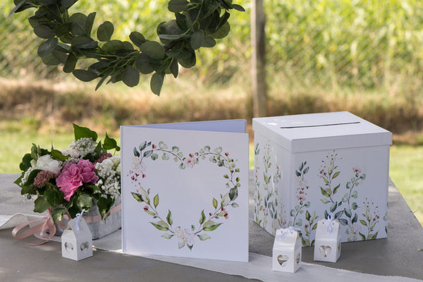 Kartonová svatební urna s rostlinným motivem 20 x 20 x 20 cm bílá romantika