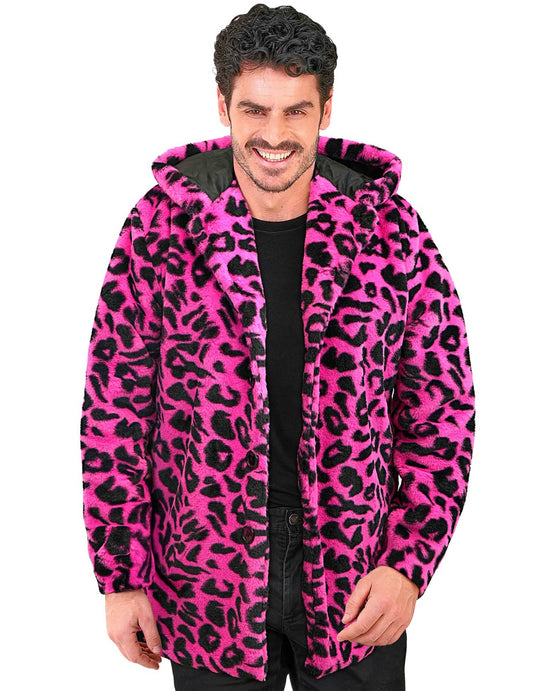 Růžová leopardí bunda pro dospělé s kapucí