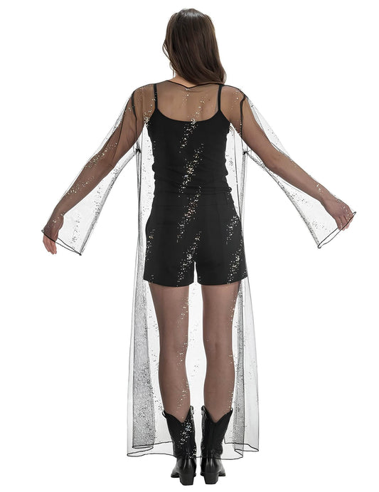 Vue de dos de la veste longue voile pour femme noir à paillettes