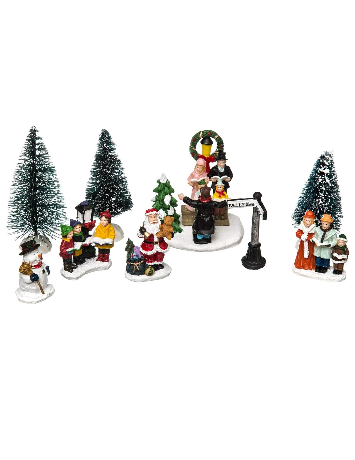 Figurky do vánoční vesničky s koledníky Santa Clause pro vícebarevnou dekoraci se stromky a sněhulákem
