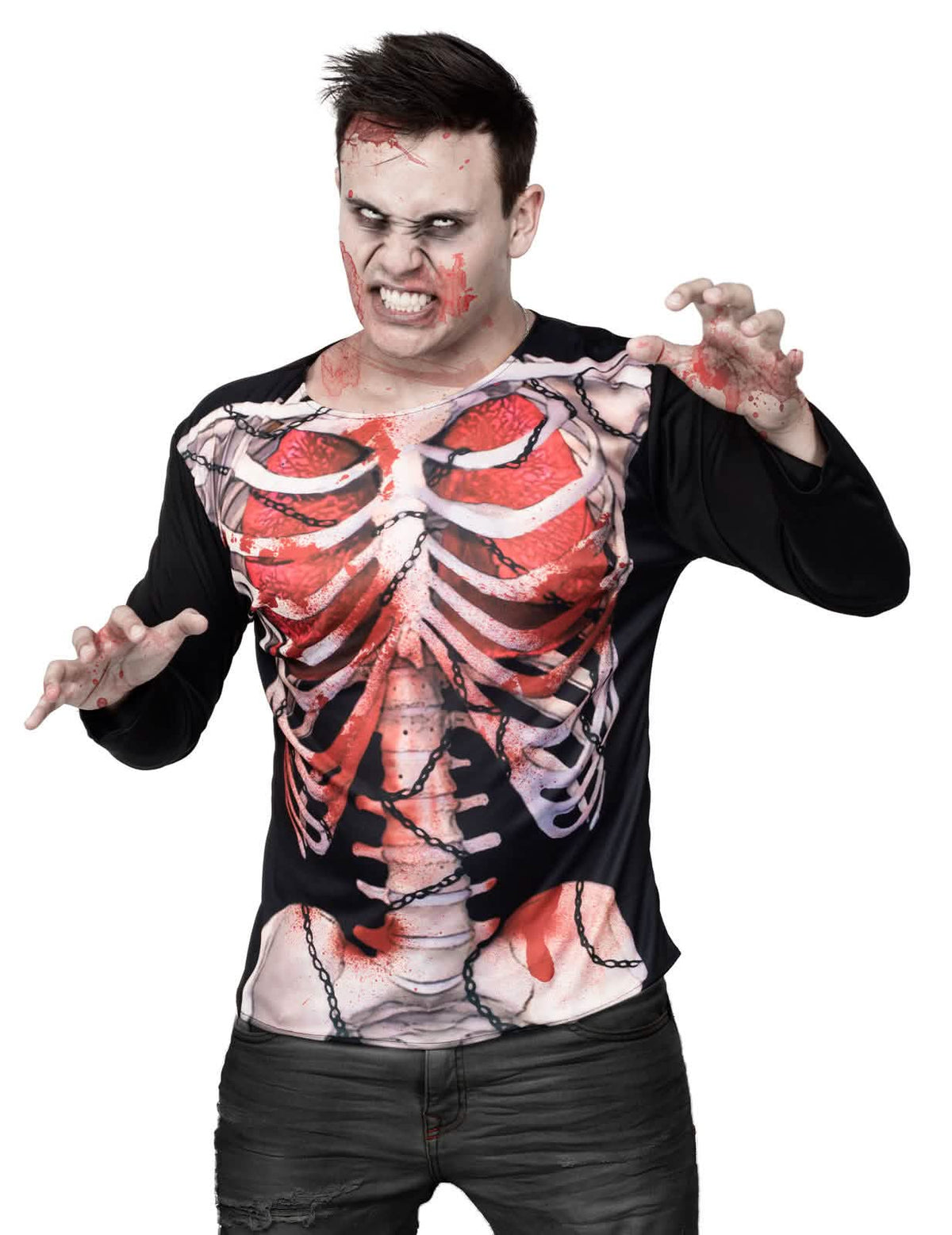 trička zombie skelet halloween pro muž černá s potiskem zakrvácené hrudní koše