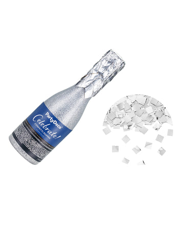 Stříbrné metalizované papírové konfety dělo ve tvaru šampaňského 20,5 cm 