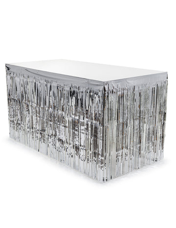 Stříbrná třásňová stolní sukně 300 x 80 cm 