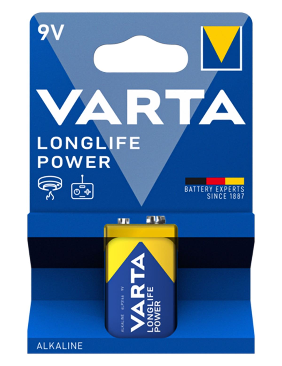 Pile 9V LONGLIFE POWER pour accessoires de fête 6LR61 alcaline bleue et jaune
