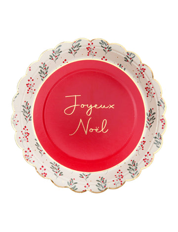10 vánočních cesmínových vroubkovaných papírových talířů 23 cm Veselé Vánoce