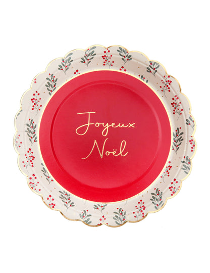 10 vánočních cesmínových vroubkovaných papírových talířů 23 cm Veselé Vánoce