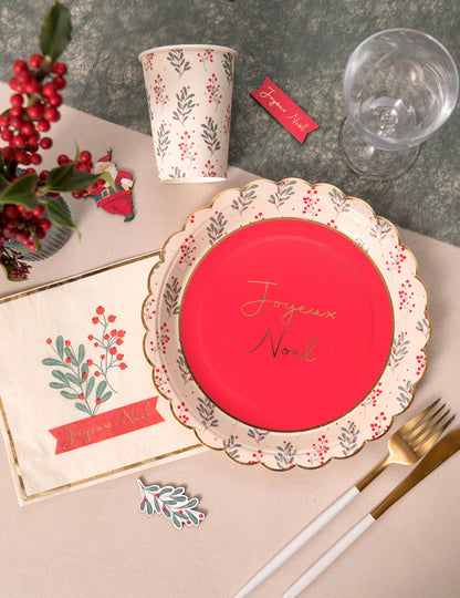 10 vánočních cesmínových vroubkovaných papírových talířů 23 cm Veselé Vánoce