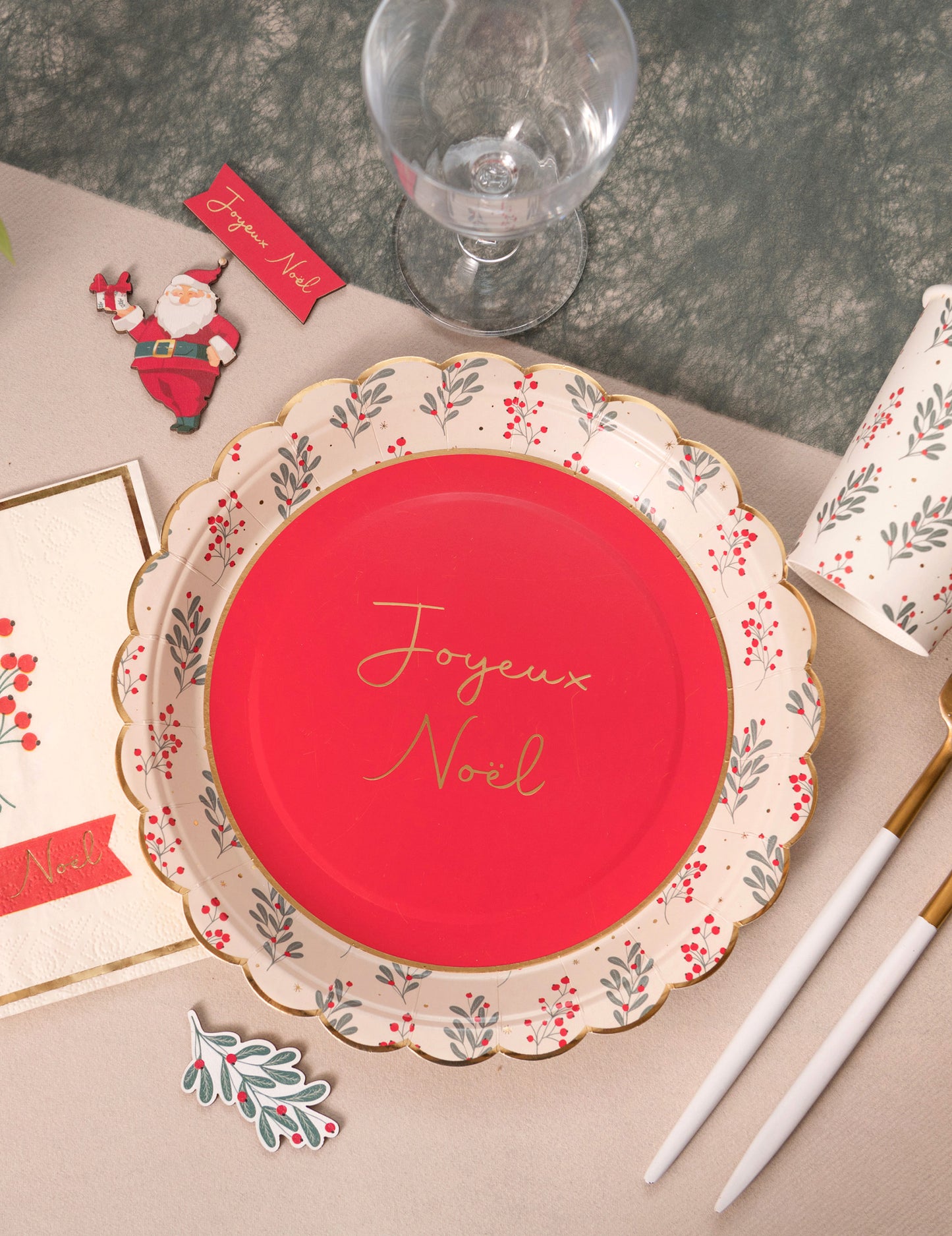 10 vánočních cesmínových vroubkovaných papírových talířů 23 cm Veselé Vánoce