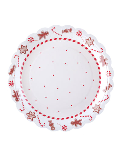 Assiettes en carton motif gourmandises de Noël blanc et rouge