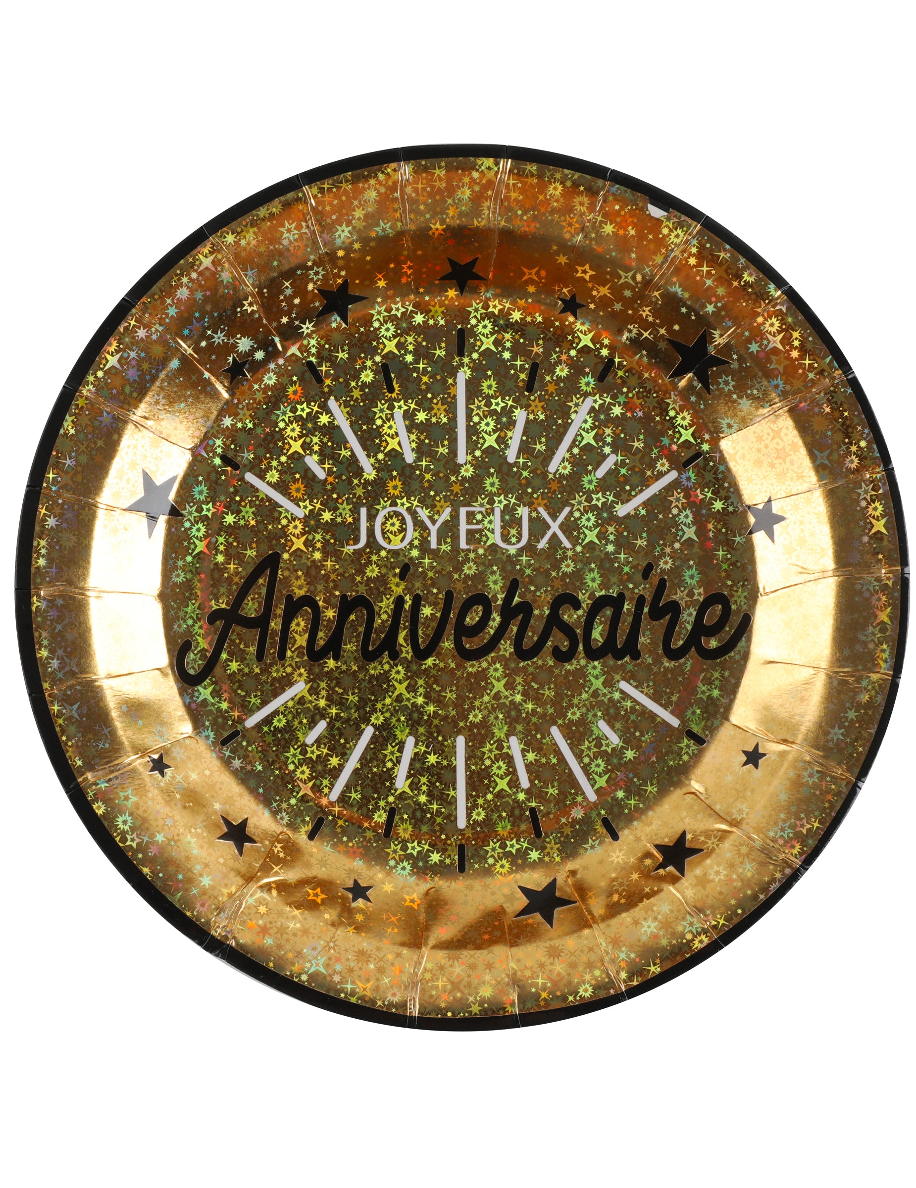 Assiettes en carton Joyeux anniversaire pour fête noir et or chic métallisées