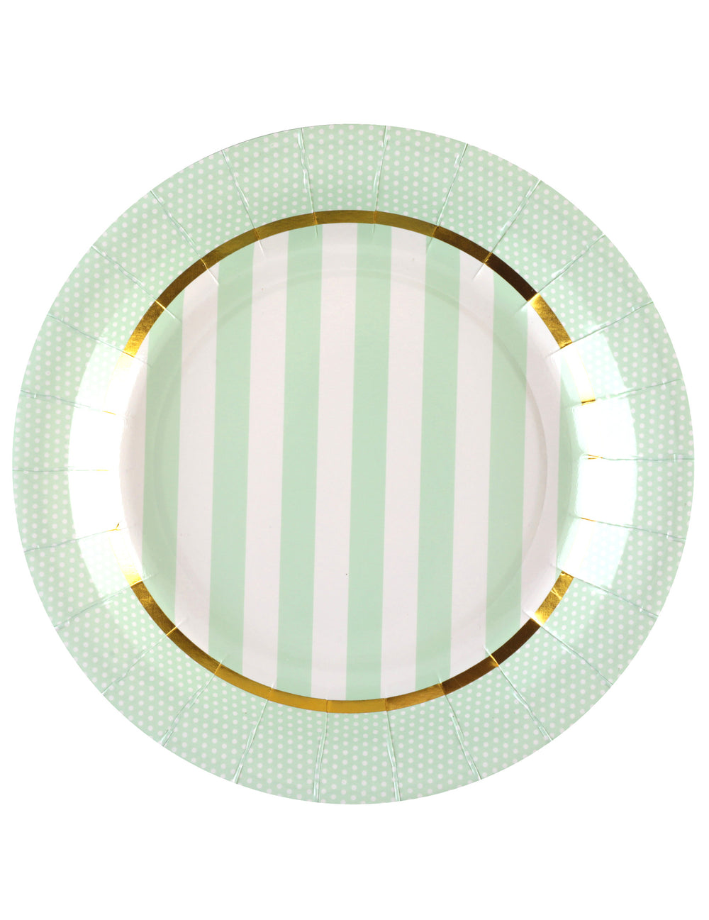Assiettes en carton baby shower menthe à rayures et pois avec bordure dorée
