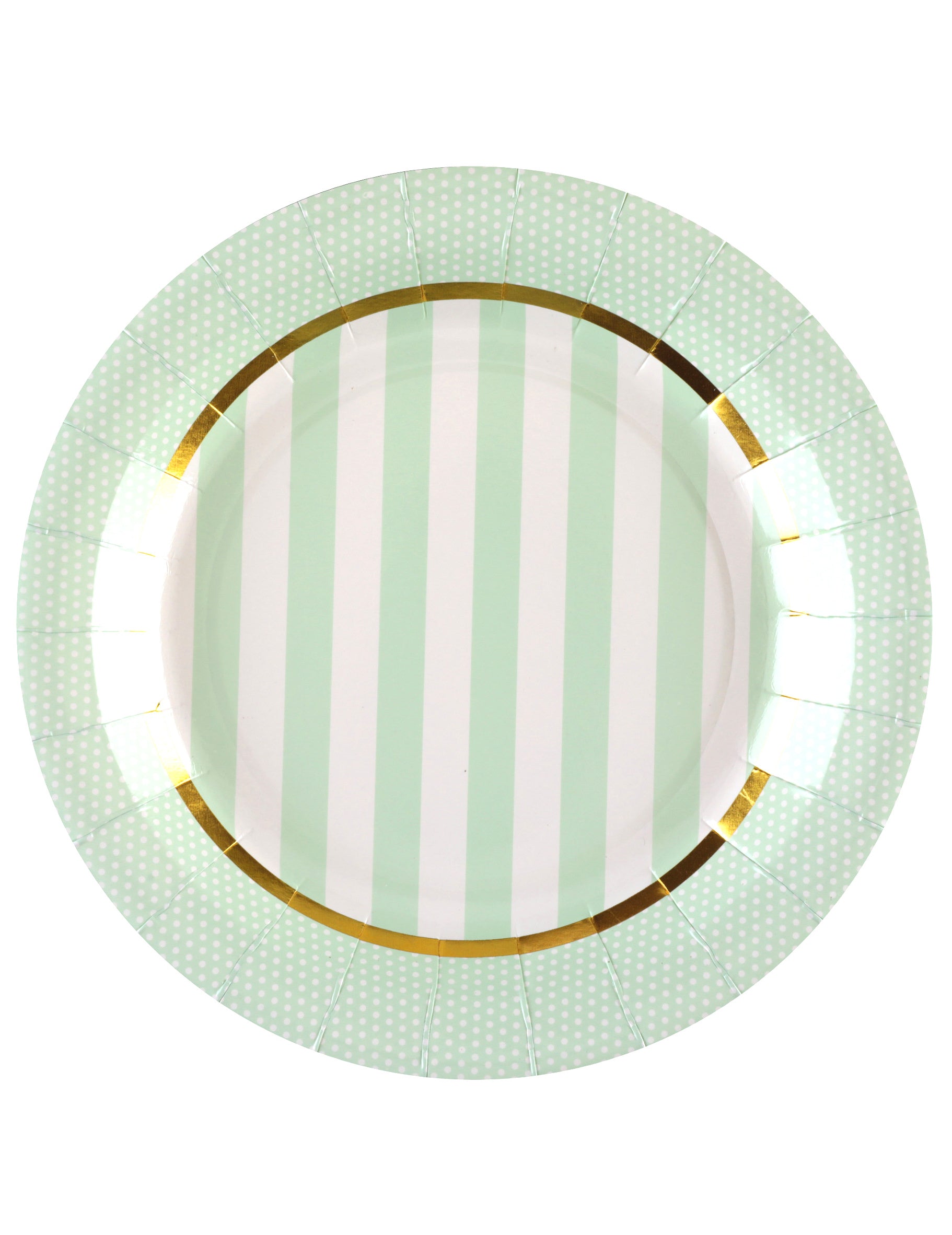 Assiettes en carton baby shower menthe à rayures et pois avec bordure dorée
