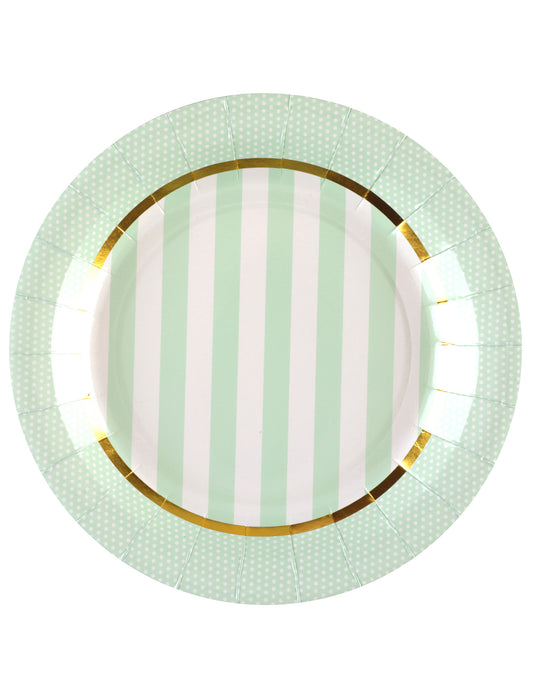 Assiettes en carton baby shower menthe à rayures et pois avec bordure dorée