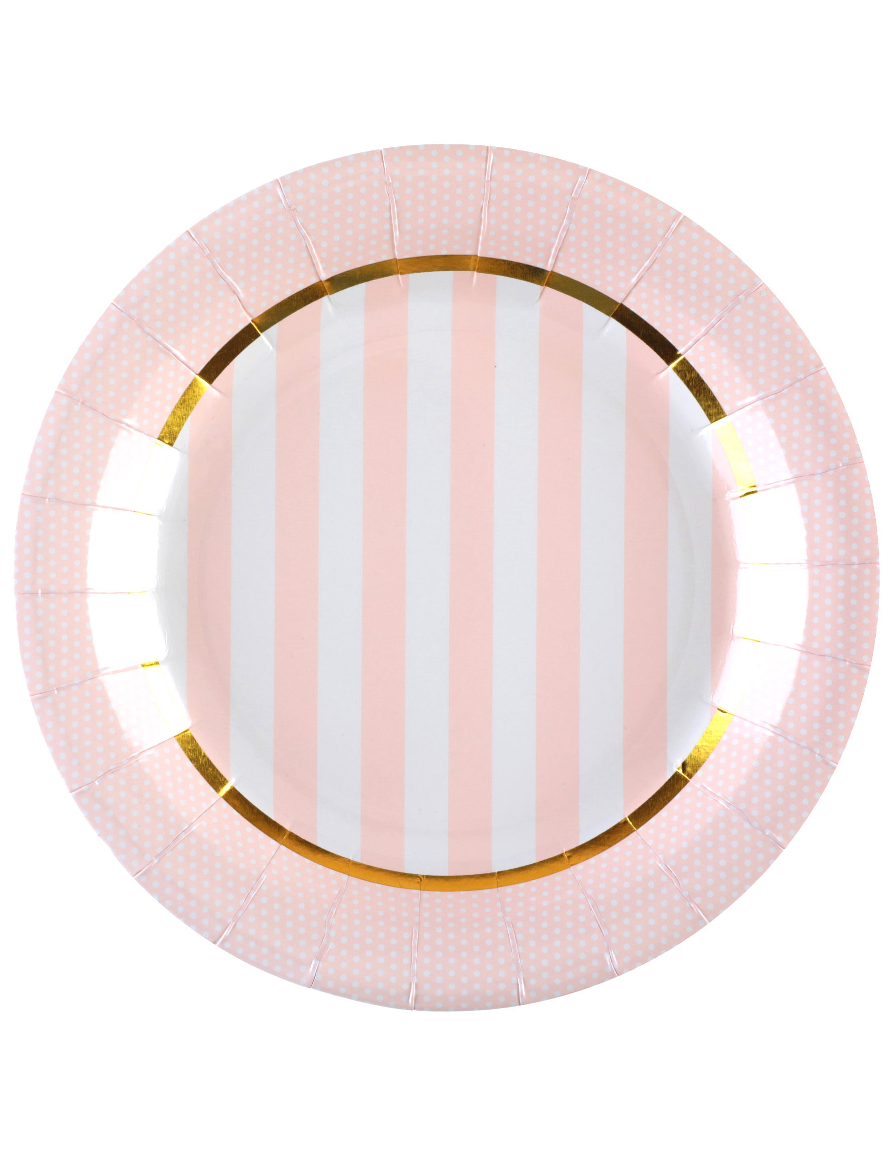 Assiettes en carton baby shower pour fête roses à rayures et pois avec bordure dorée