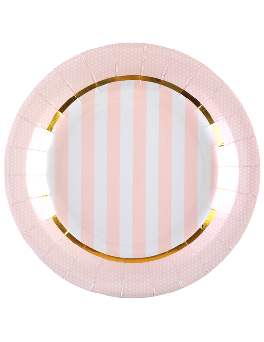 Assiettes en carton baby shower pour fête roses à rayures et pois avec bordure dorée