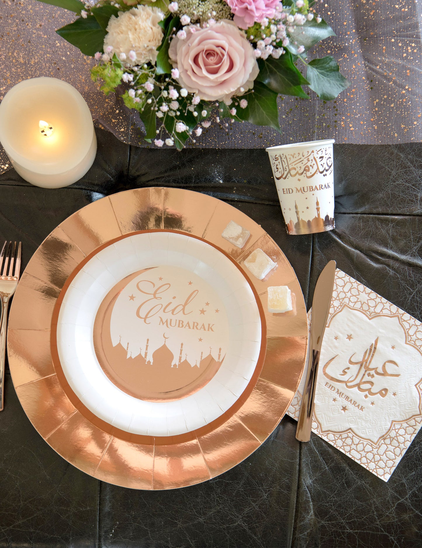 10 papírových talířů z růžového zlata Eid Mubarak 23 cm palácový vzor
