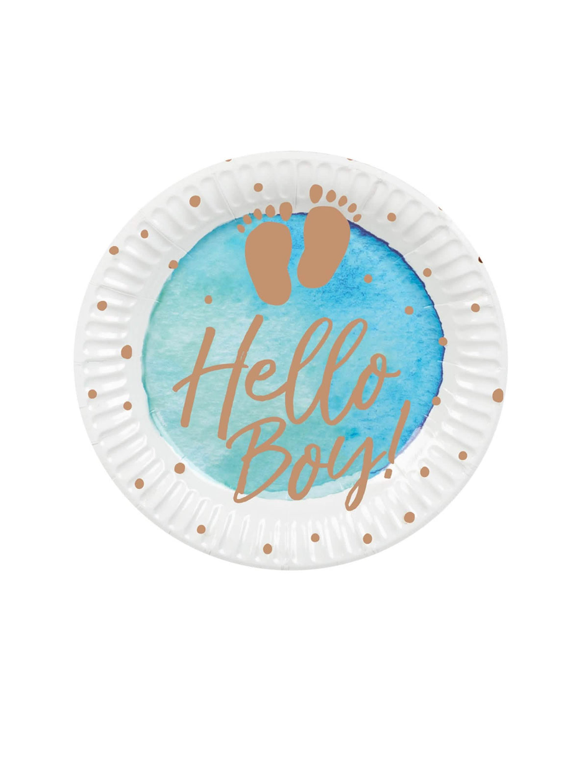 Papírové talíře Hello Boy pro baby shower modrá a zlatá