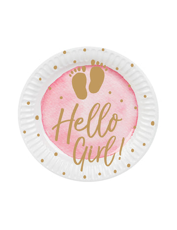 10 růžovo-zlatých papírových talířů Hello Girl 23 cm