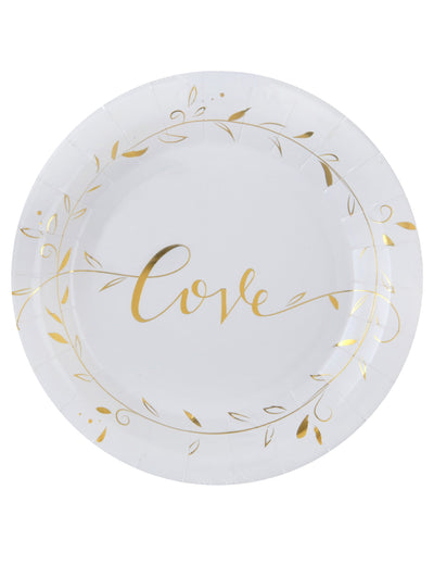 Assiettes en carton Just Married pour mariage blanches et dorées métallisées
