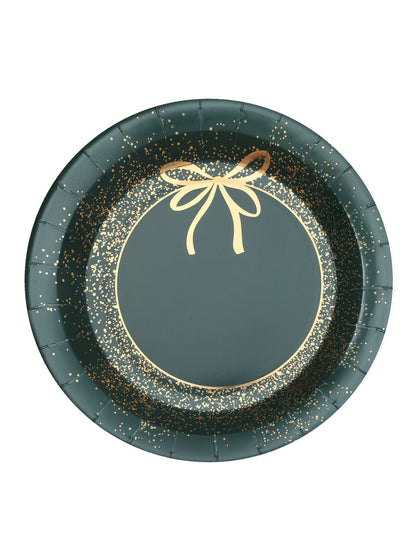 Assiettes en carton Noël pour fête vert et doré design chic avec motif de nœud