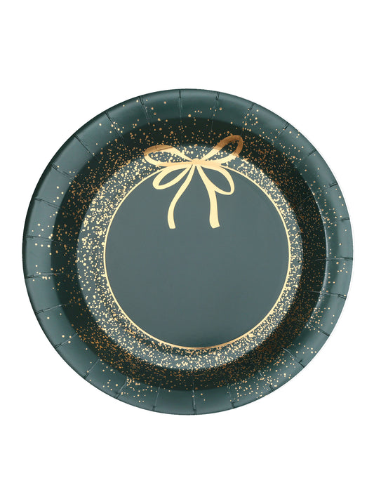 Assiettes en carton Noël pour fête vert et doré design chic avec motif de nœud
