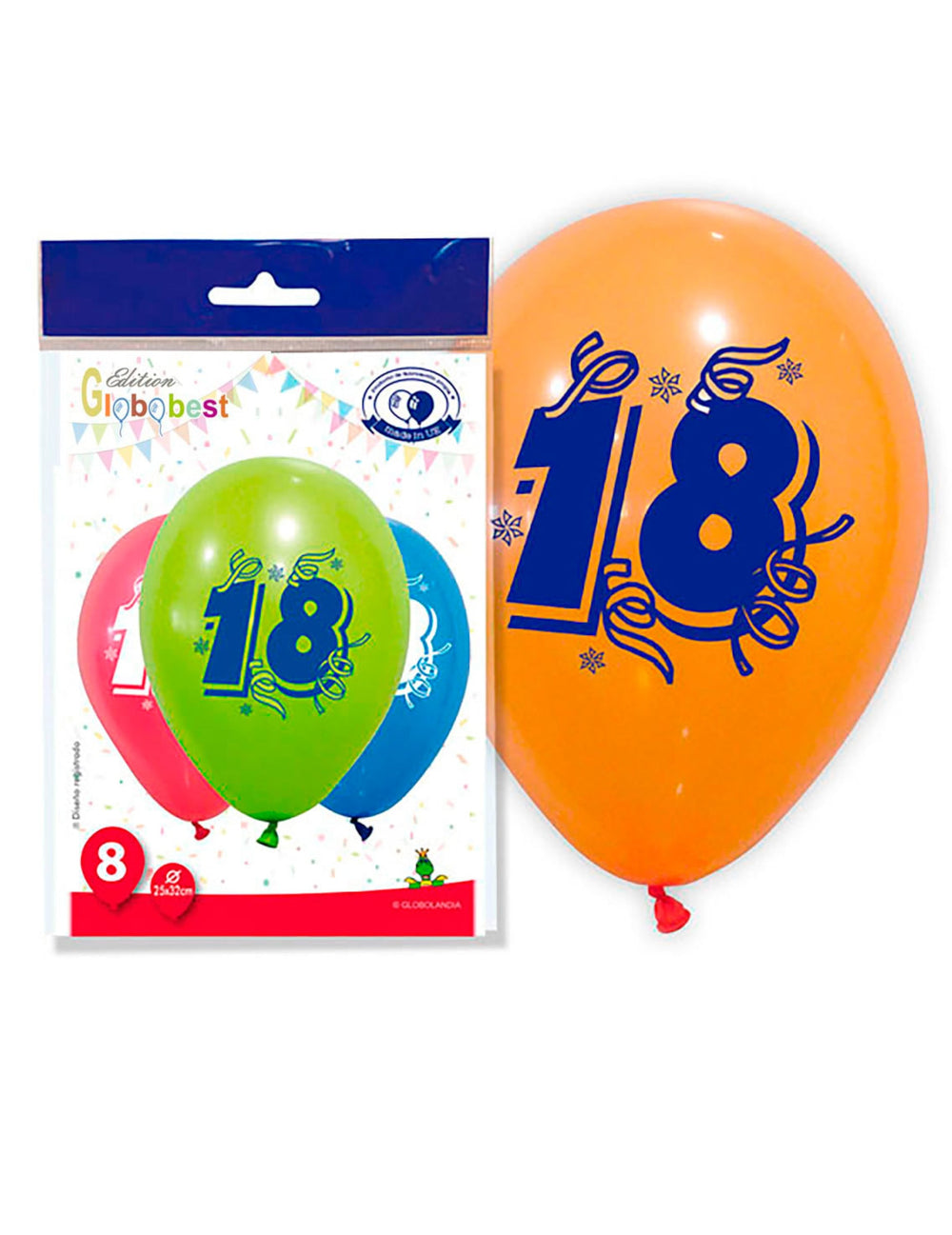 8 ballons chiffre 18 pour anniversaire multicolores