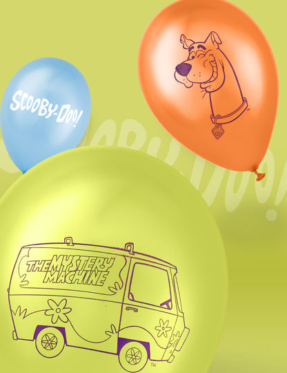 Gros plan sur les motifs des 10 ballons latex Scooby-Doo