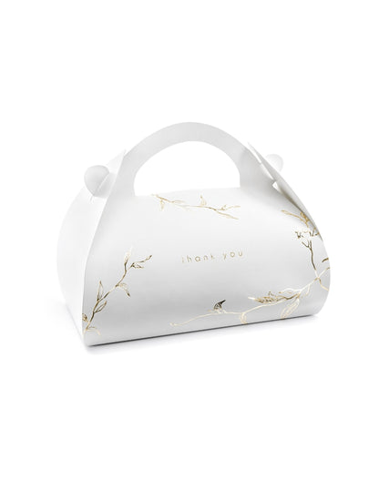 10 bílých a zlatých děkovných kartonových krabic na dort s uchem