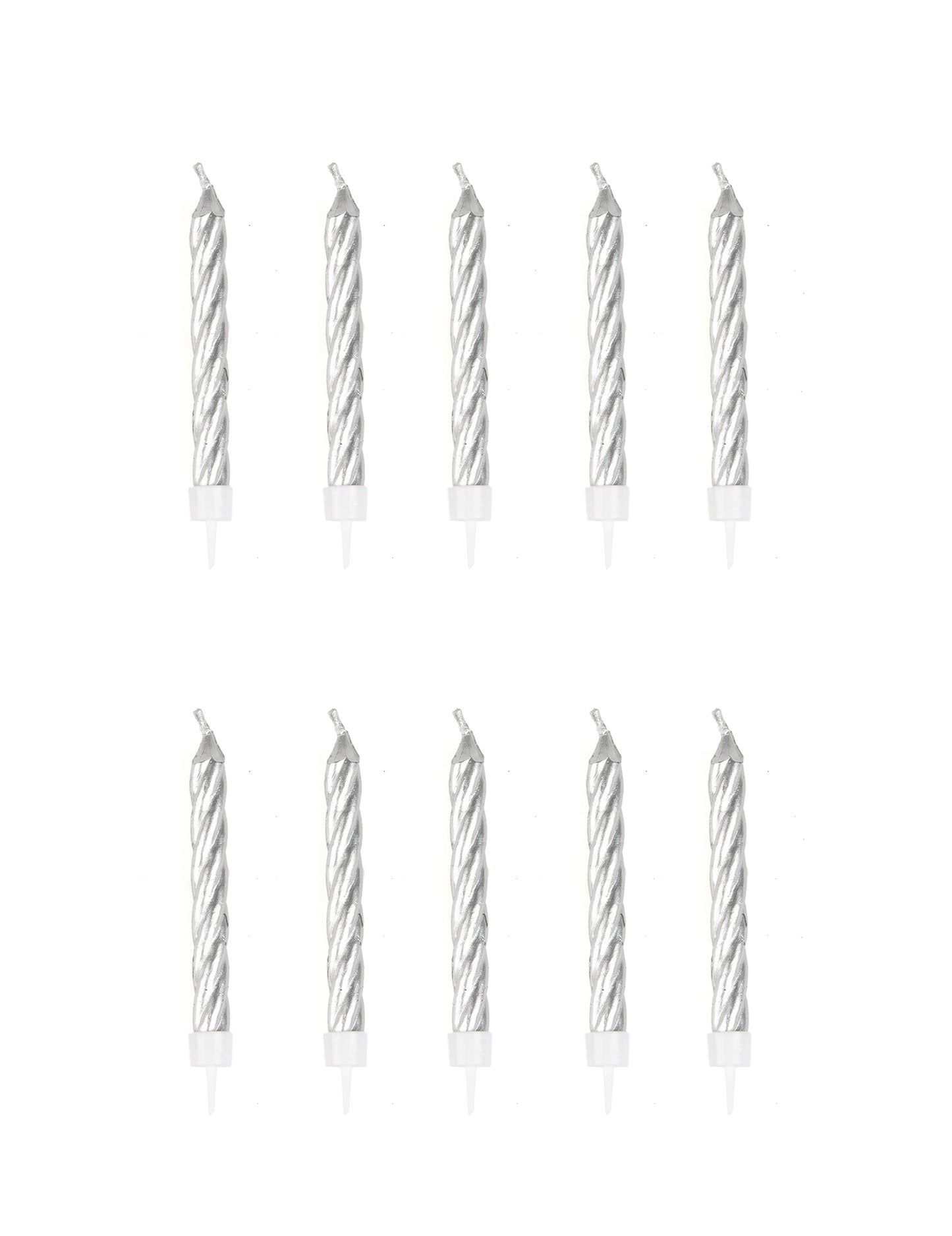 10 bougies d'anniversaire argentées 6,5 cm avec bobèches