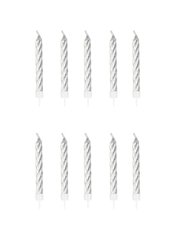 10 bougies d'anniversaire argentées 6,5 cm avec bobèches