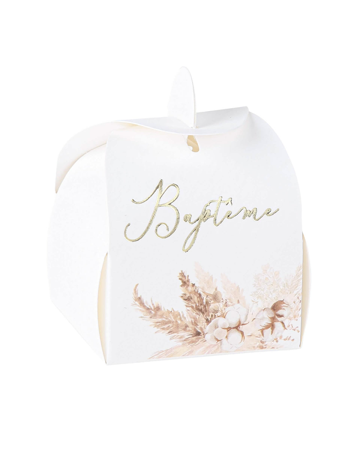 Contenant baptême pampas et fleurs de coton en carton blanc et doré