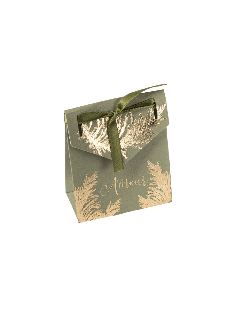 Contenant en carton pampa amour pour mariage kaki et dorure or avec ruban