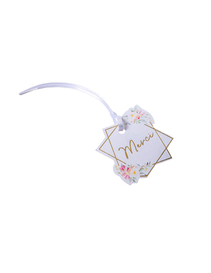 Étiquettes en carton merci motif fleurs aquarelle avec dorure et ruban satin blanc