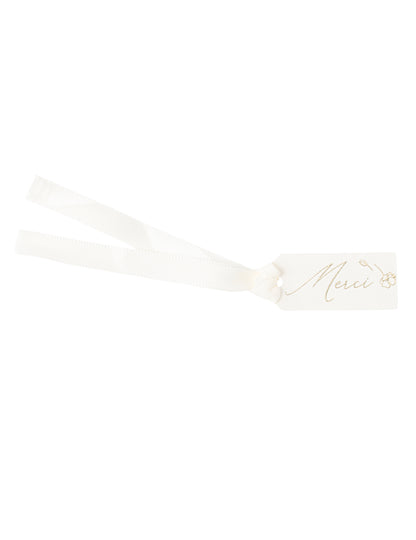 Étiquettes merci fleurs pour baptême blanches et dorées