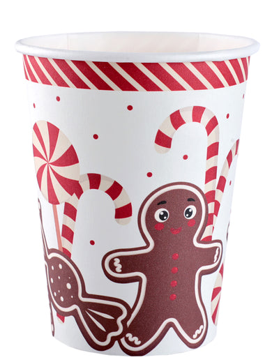 Gobelets en carton gourmandises de Noël pour fête blanc avec bonhomme de pain d'épices et sucres d'orge