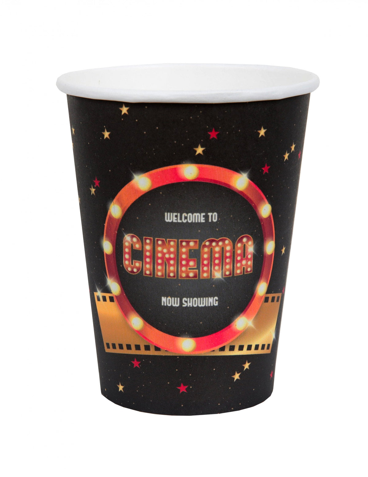 Gobelets en carton Hollywood pour fête noirs avec motif cinéma et étoiles dorées