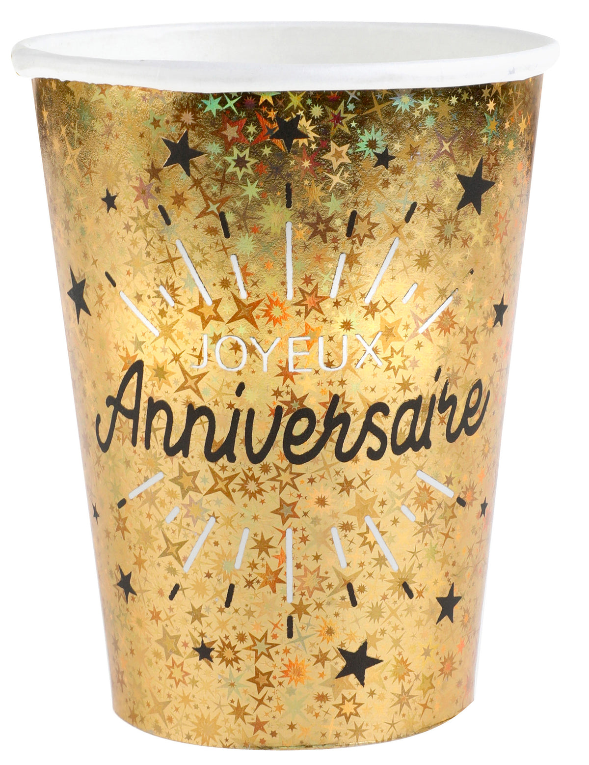 Gobelets en carton Joyeux Anniversaire pour fête noir et or avec motifs d'étoiles