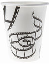 Gobelets en carton cinéma pour fête blanc et noir avec motifs de pellicule