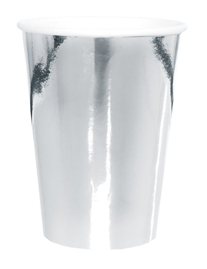 10 stříbrných metalických kartonových kelímků o objemu 25 cl