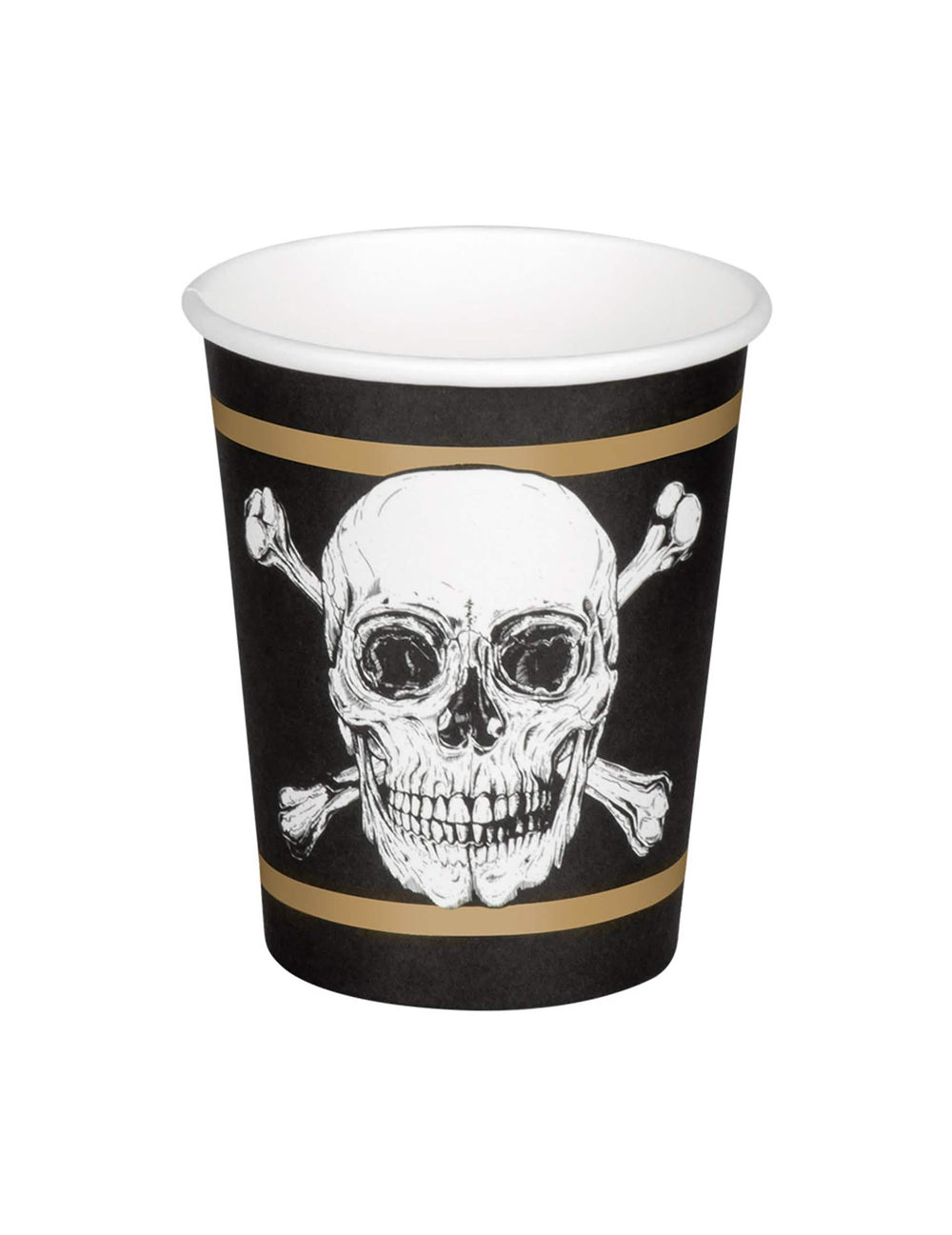 Pohled zepředu na papírový kelímek Pirate Jolly Roger