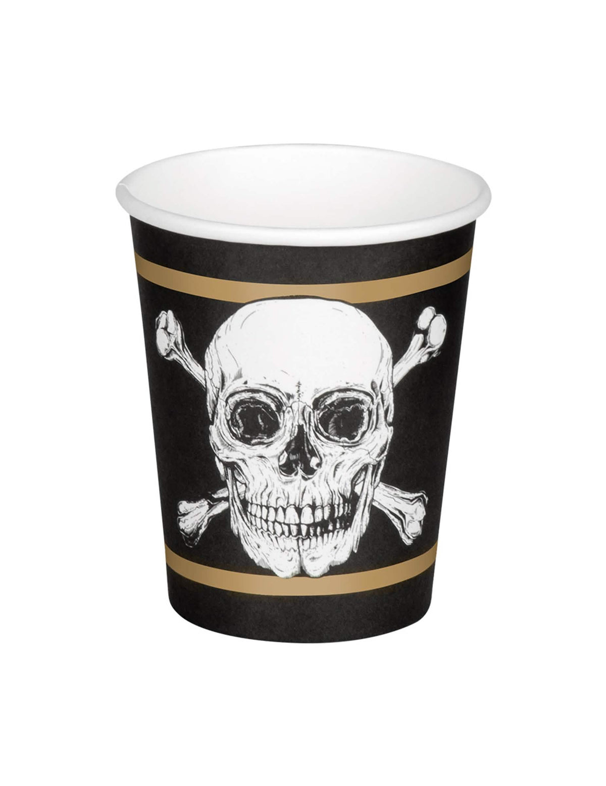 Pohled zepředu na papírový kelímek Pirate Jolly Roger