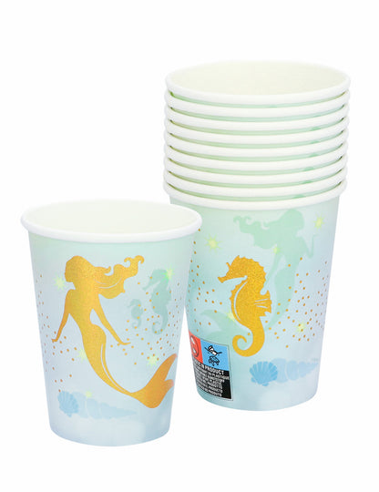 10 Meerjungfrauen-Pappbecher 210 ml blau gold