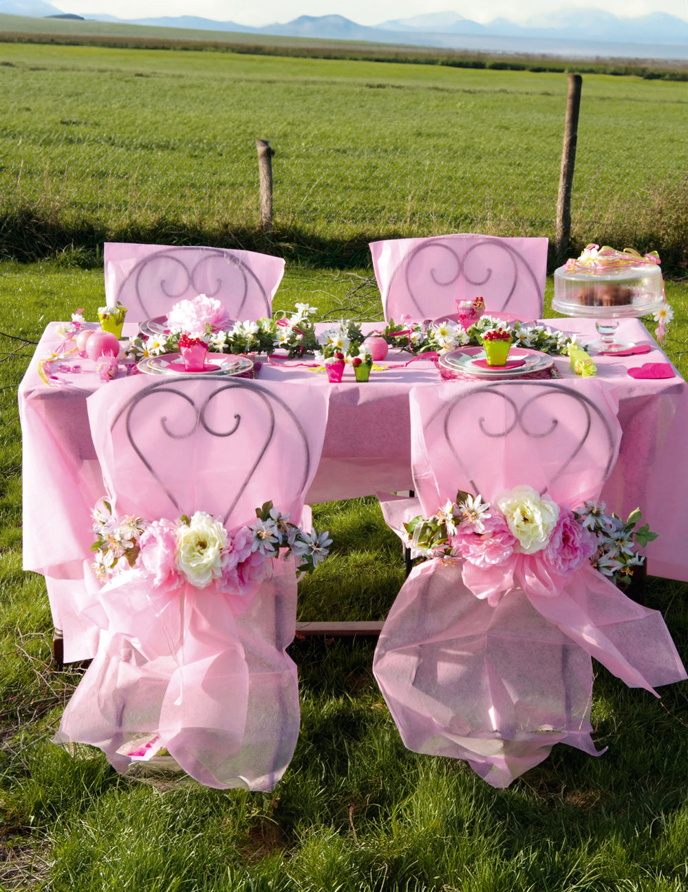 Vue d'ensemble champêtre de la housse de chaise premium avec nœud pour décoration de fête rose intissé