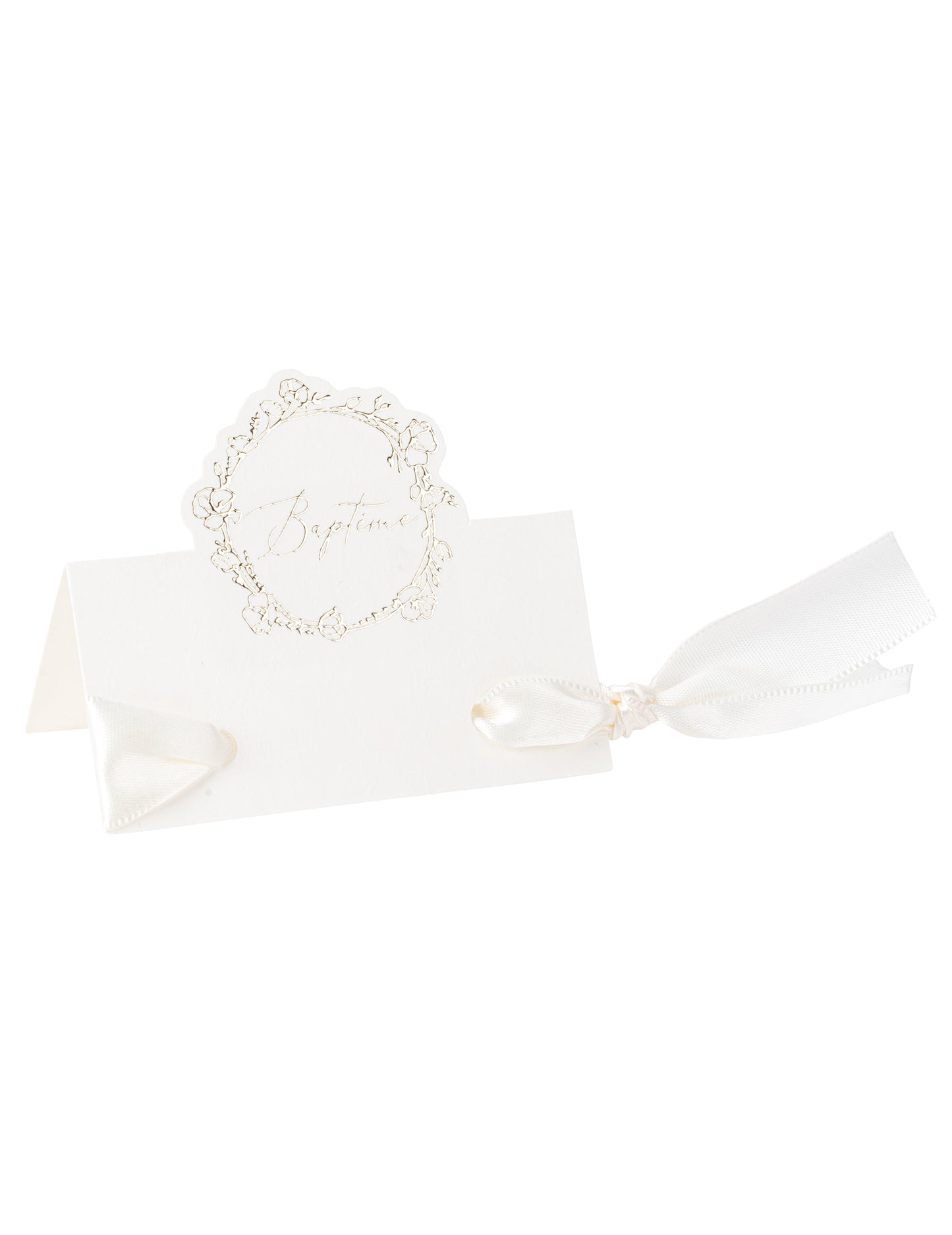 Marque-place baptême blanc avec motif floral doré et ruban satiné