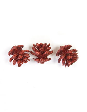10 mini červených třpytivých borovicových šišek 2 cm
