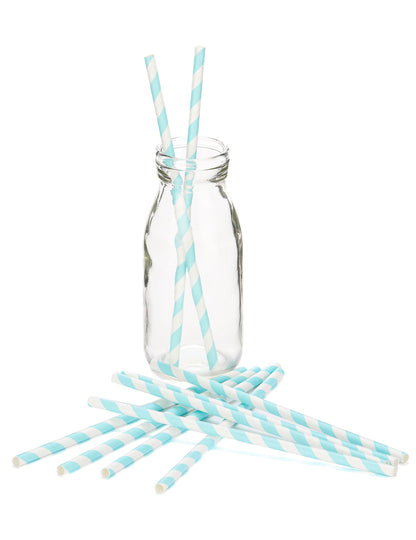 10 pastelově modrých pruhovaných kartonových brček 19,5 cm