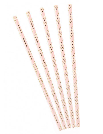 10 růžových kartonových brček s metalickými zlatými proužky 19,5 cm